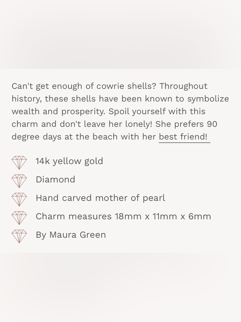 EUC Maura Green Small Mother of Pearl & Diamond Cowrie Shell Charm 14k - Picture 4 of 6